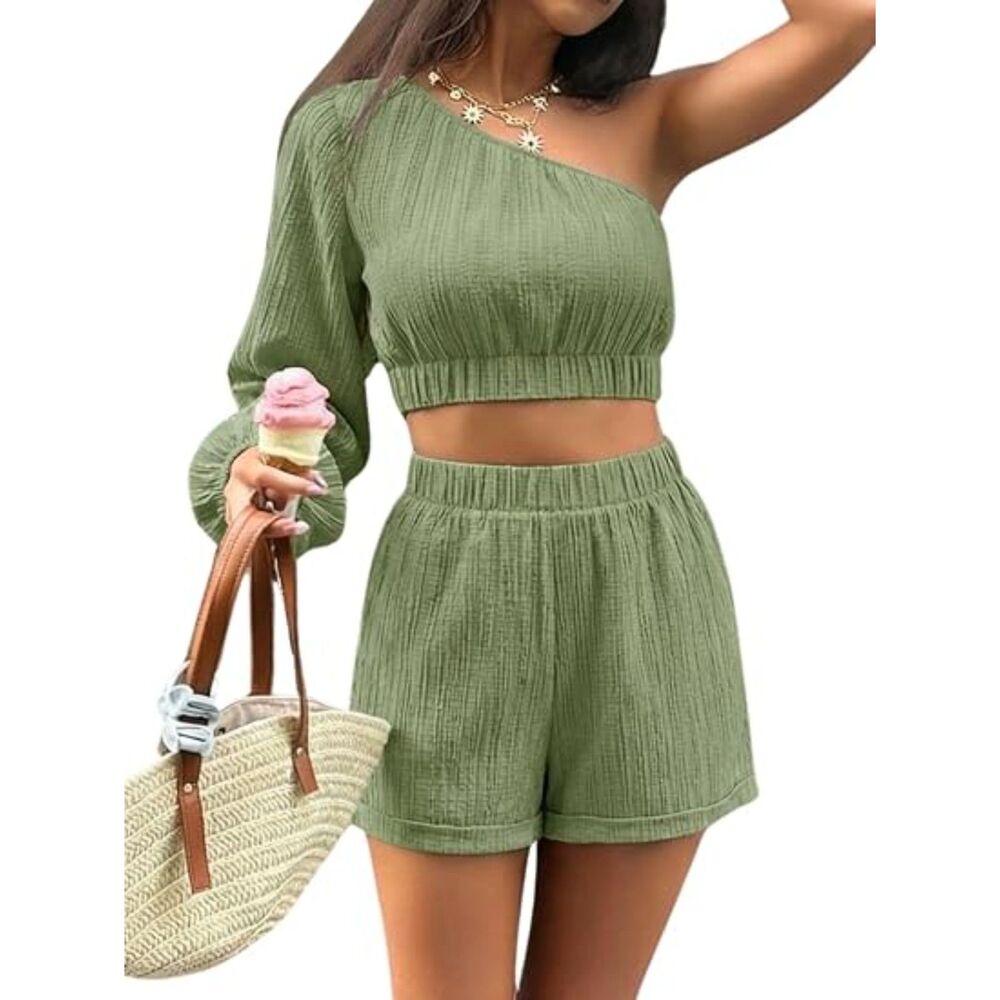 2 Piece One Shoulder Top and Short Set, Small, 3J-211Set001